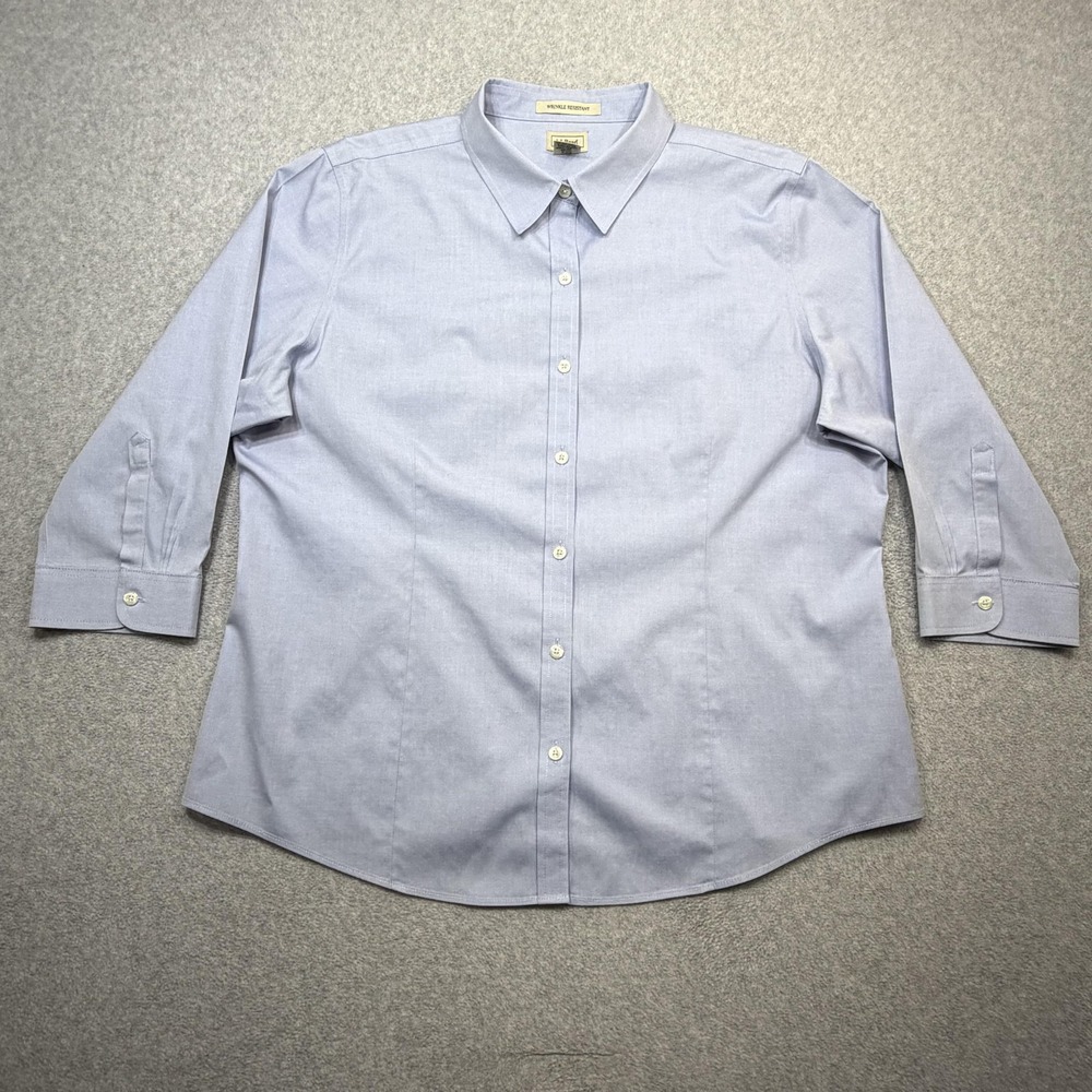 LL Bean Shirt Womens XL Blue Wrinkle Resistant 3/4 Sleeve Button Front Top
